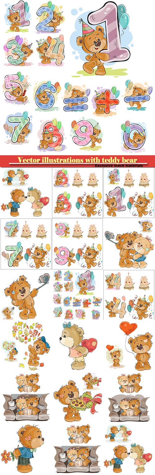 Vector illustrations with teddy bear, design elements for birthday greeting cards