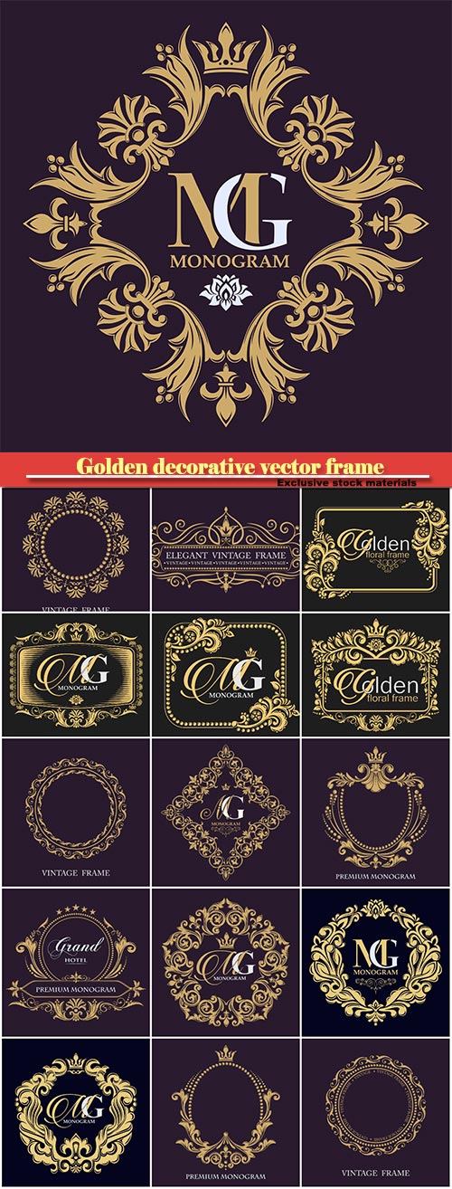 Golden decorative vector frame, calligraphic ornament, geraldic symbols