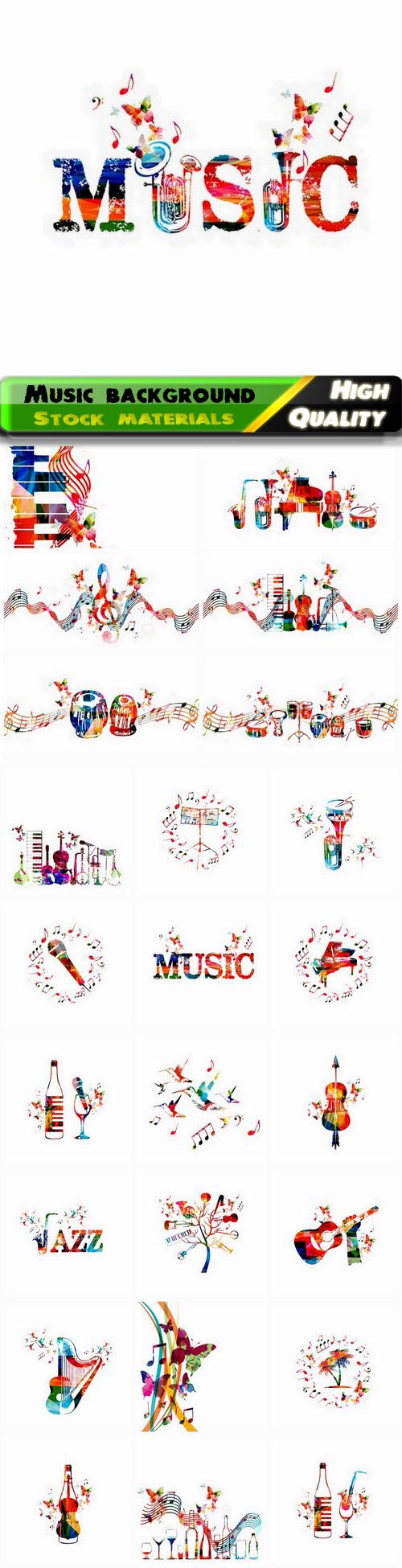 Music background with piano cello saxophone guitar harp 25 Eps