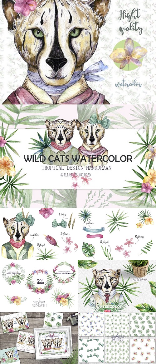 Wild Cats. Tropical watercolor 1318206