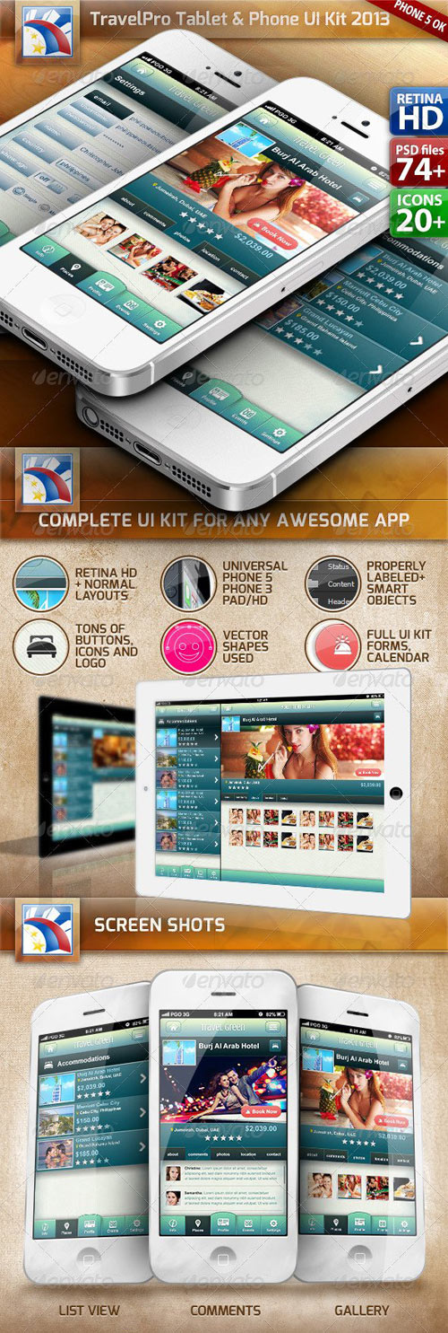 Travel UI Kit for Phone/Tablet Retina HD