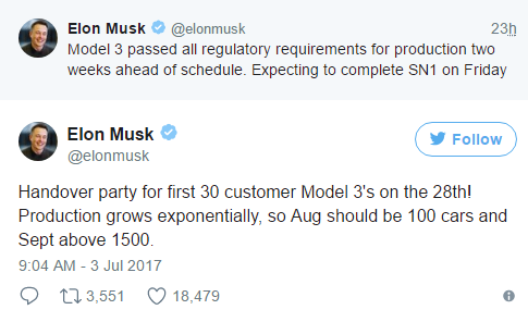 Илон Маск: Tesla собирается производить 20 тысяч Tesla 3 в месяц