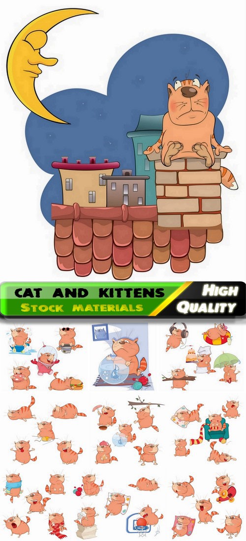 Funny domestic animal cartoon cat and kittens illustration 10 Eps