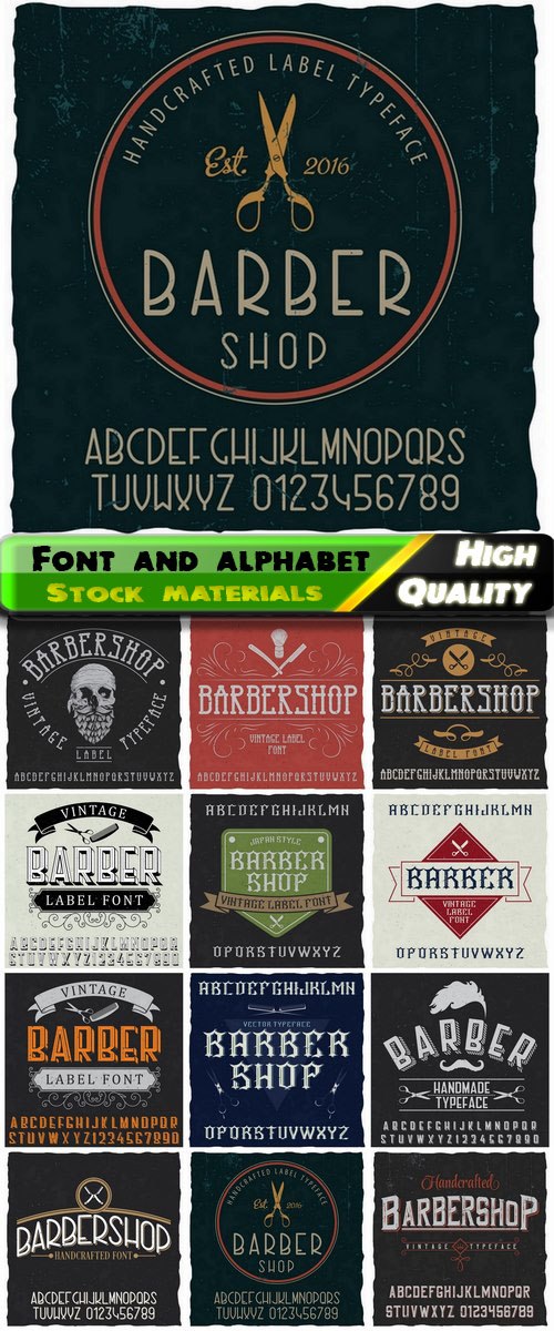 Font and alphabet letter for barber shop 12 Eps