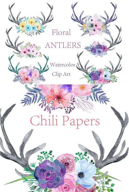 Watercolor floral antlers clipart 1671416