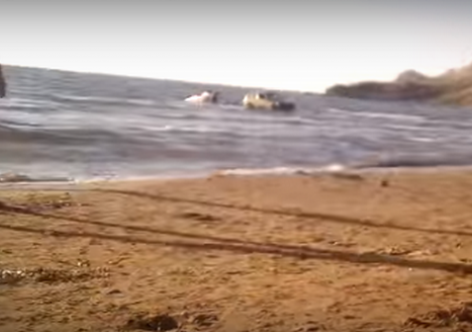 Проехал по пляжу и "нырнул": в Крыму даже машины спасаются от жары в море [видео]
