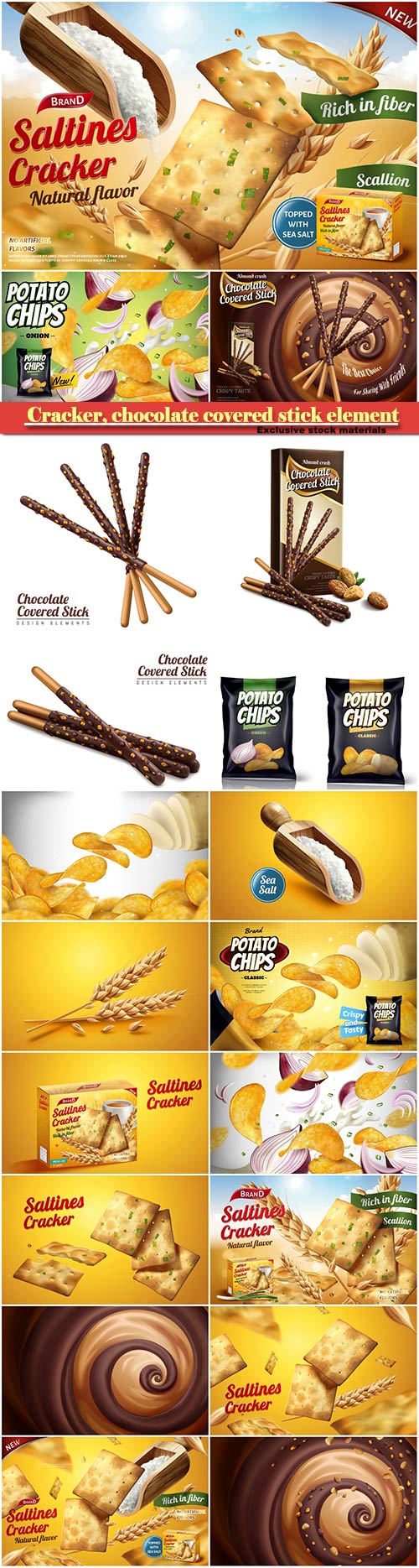 Saltines cracker ads, chocolate covered stick element, potato chip ads