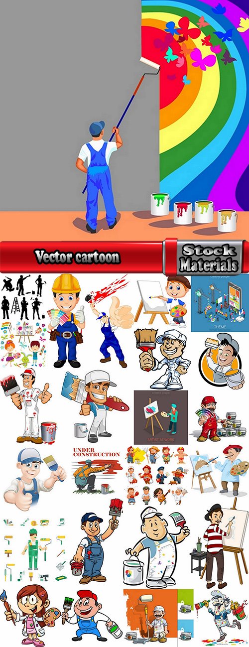 Vector cartoon house painter picura paint brush to draw 25 Eps