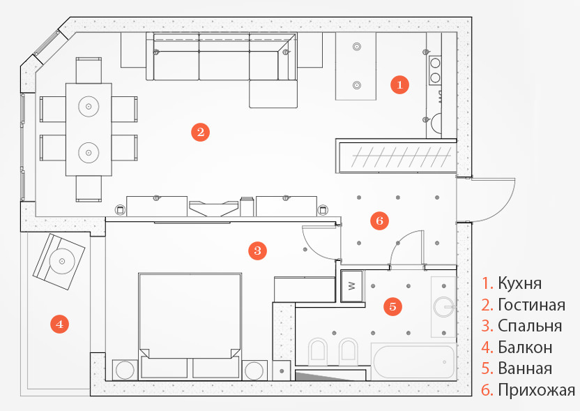Вариант дизайна интерьера двухкомнатной квартиры площадью 50 кв. м от российских дизайнеров