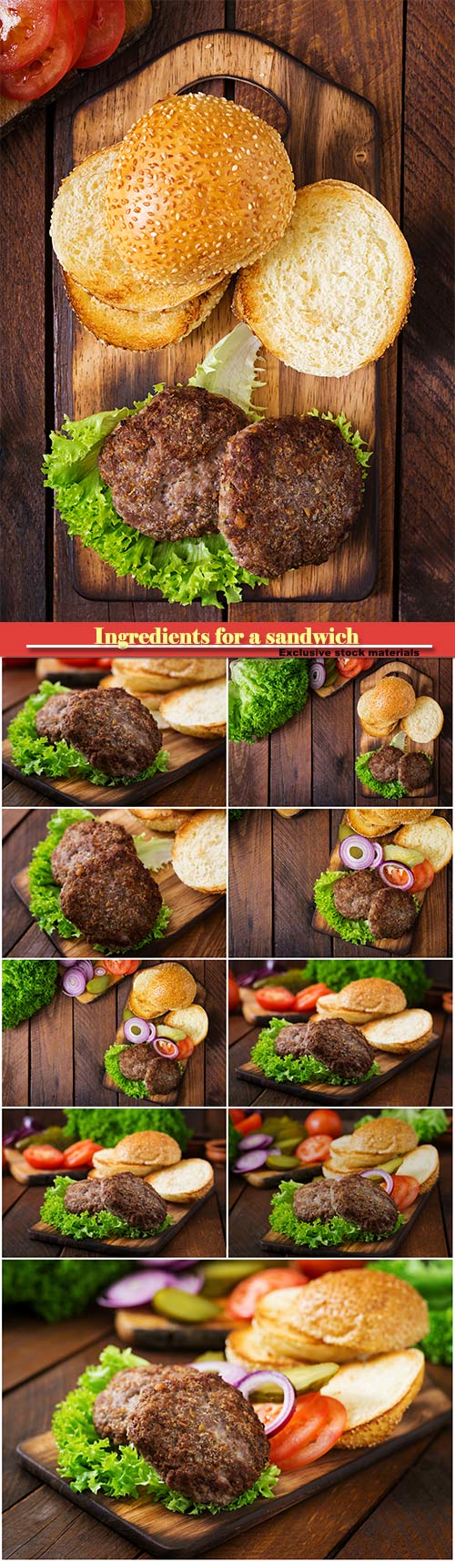 Ingredients for a sandwich - hamburger burger with beef, pickles, tomato an ...