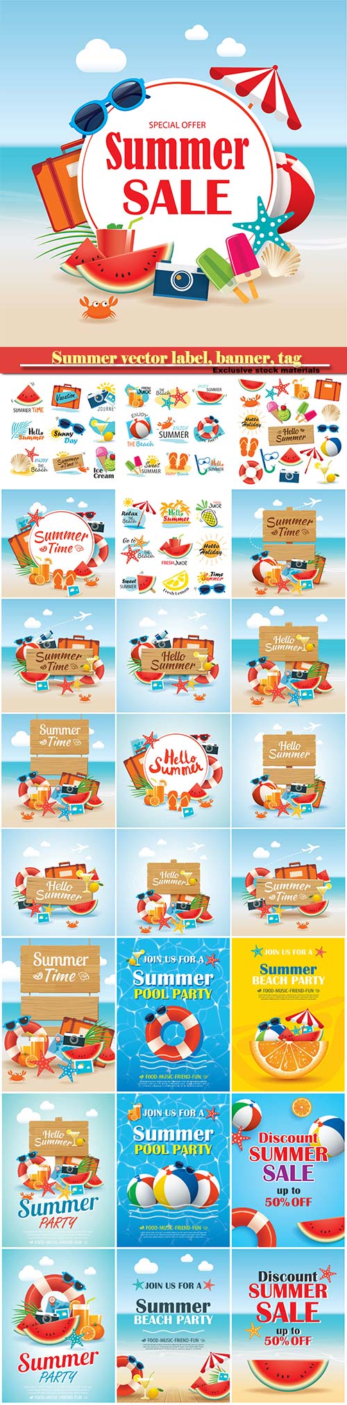 Summer vector label, banner, tag and elements background set