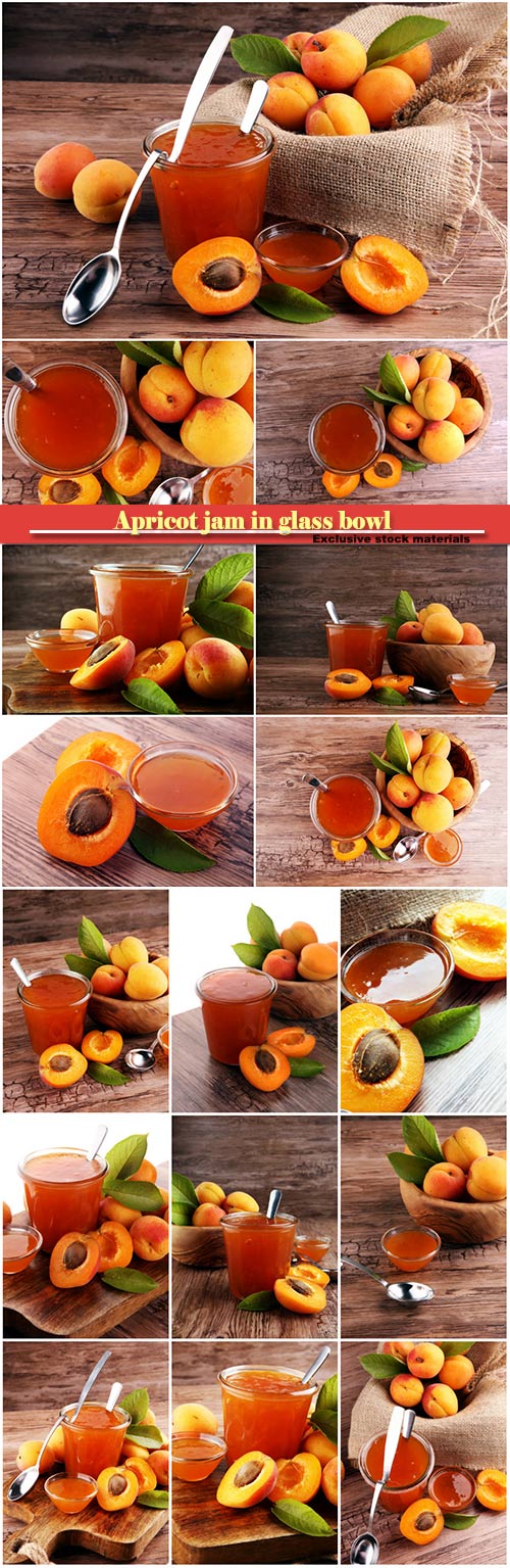Apricot jam in glass bowl with fruit around